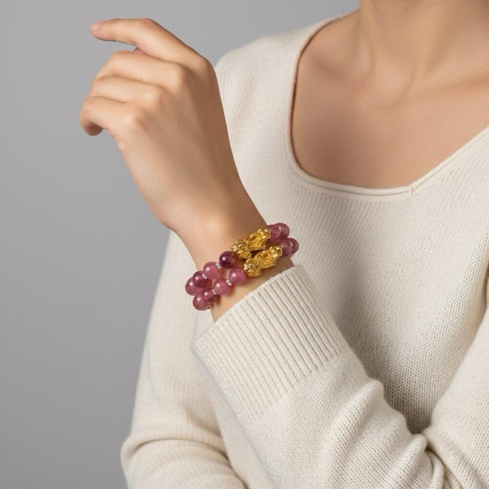 Natural Purple Beaded Pixiu Bracelet Unisex Wealth Lucky Charm Gift Gold Plated